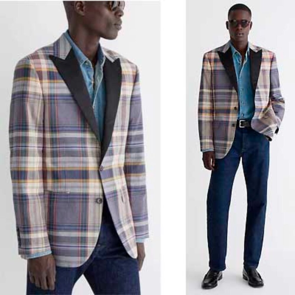 J. Crew Plaid Sport Coat in Blue, Cream, Yellow, and Black